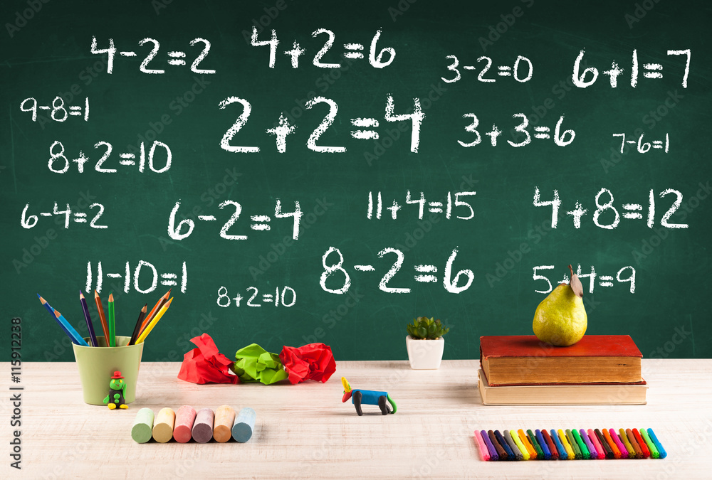 School blackboard with pile of books School blackboard with pile of books