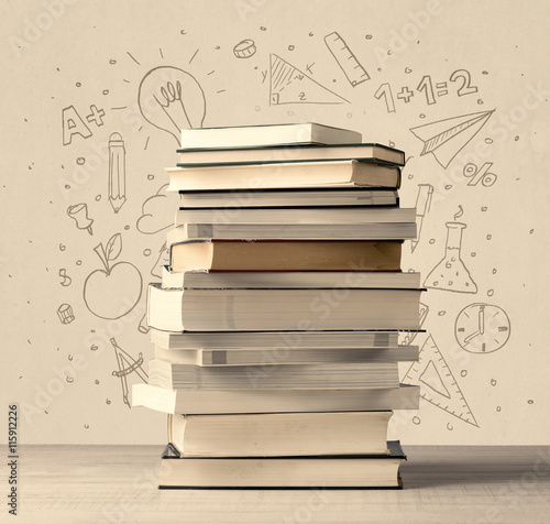 Obraz na plátně A pile of books on table with school hand drawn doodle sketches