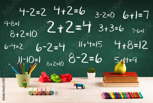 Obraz na plátně School blackboard with pile of books