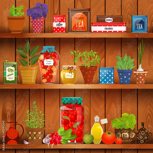 shelves with delicious organic food and different herb planted i
