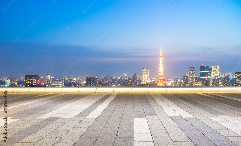 empty floor with cityscape and skyline of tokyo at twilight
