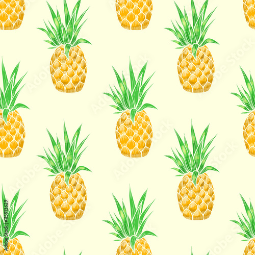 Juicy pineapples on a beige background. Vector seamless pattern