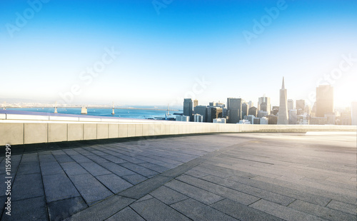 empty floor with cityscape and skyline of san francisco at sunri