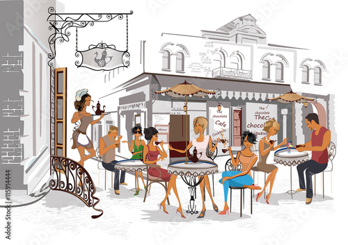 Series of the streets with people in the old city. Waiters serve the tables. Street cafe.