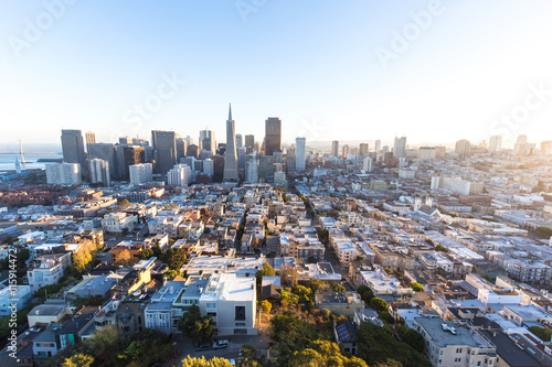 cityscape and skyline of san francisco at sunrise