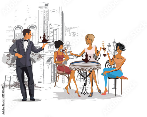 Series of the streets with people in the old city. Waiters serve the tables. Street cafe.
