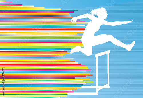 Female athlete jumping over hurdles, overcoming obstacles vector