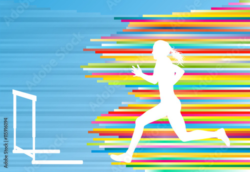 Female athlete jumping over hurdles, overcoming obstacles vector
