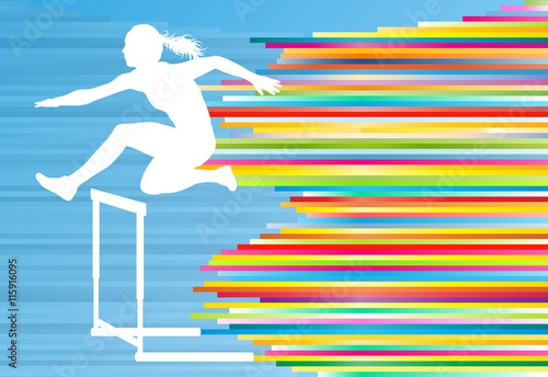 Female athlete jumping over hurdles, overcoming obstacles vector