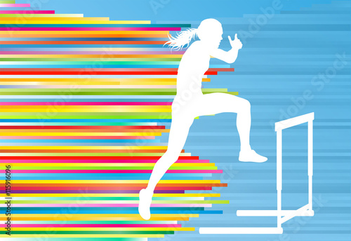 Female athlete jumping over hurdles, overcoming obstacles vector