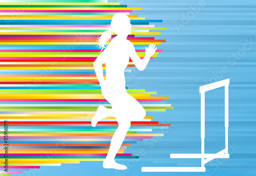 Female athlete jumping over hurdles, overcoming obstacles vector
