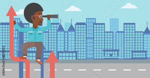 Businessman with spyglass on rising arrow.