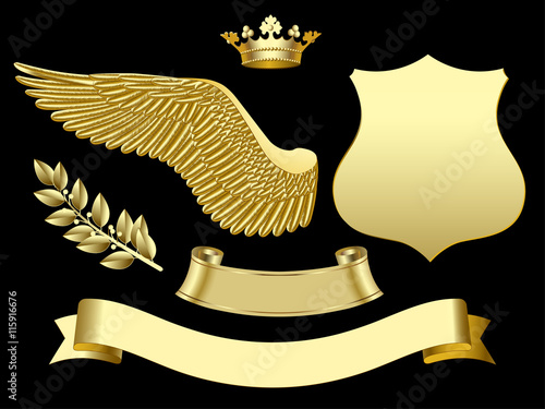 Gold wing, crown, sign, ribbon and laurel branch