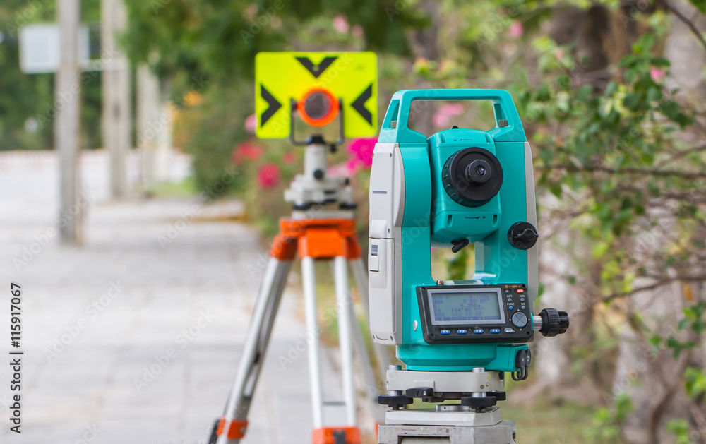 Surveyor equipment tacheometer or theodolite outdoors at construction site Surveyor equipment tacheometer or theodolite outdoors at construction site