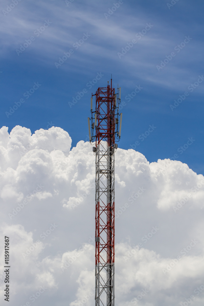 Telecommunications tower. Mobile phone base station with blue sky Telecommunications tower. Mobile phone base station with blue sky