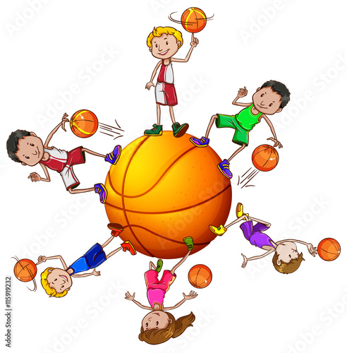 Boys and girl playing basketball