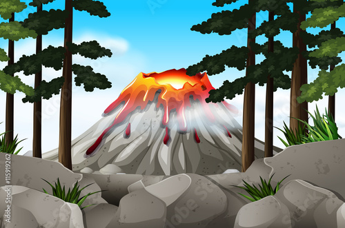 Nature scene with volcano and forest