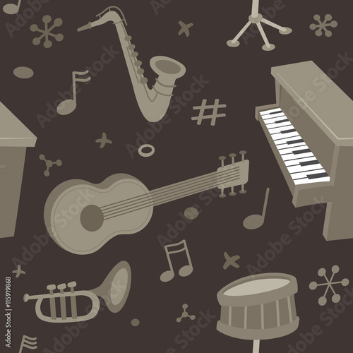 Musical instruments. Vector seamless pattern. Background made with retro style illustrations of various musical instruments and music notes.