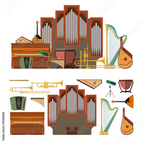 Vector set of musical instruments in flat style. Design elements and music icons