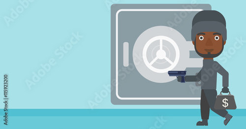 Burglar with gun near safe vector illustration.