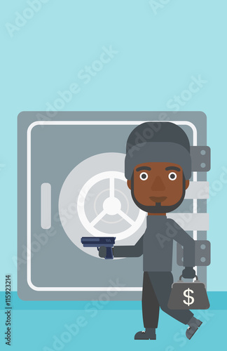 Burglar with gun near safe vector illustration.
