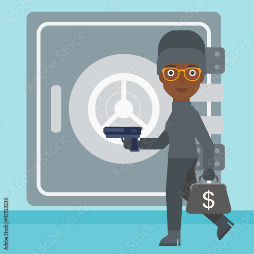 Burglar with gun near safe vector illustration.