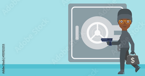 Burglar with gun near safe vector illustration.
