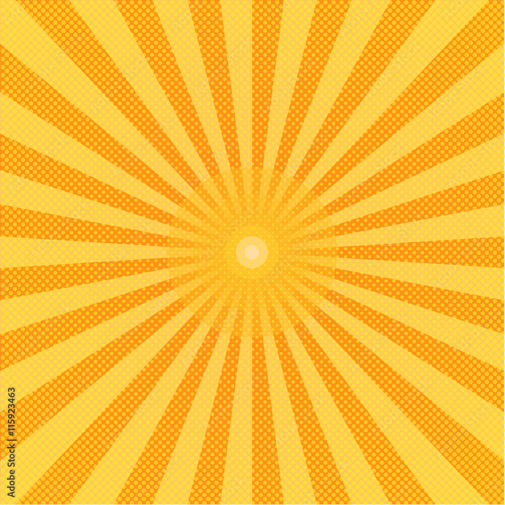 Fototapeta premium Sun in pop art style. Halftone color background. Pattern design for banner, poster, brochure. Vector illustration.