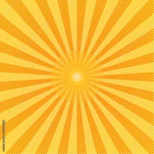 Sun in pop art style.  Halftone color background. Pattern design for banner, poster, brochure. Vector illustration.