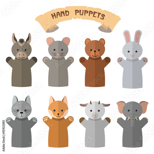 Vector set of hand puppets in flat style. Doll gloves with different animals.
