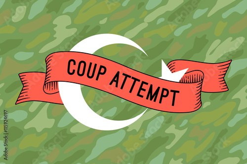 Flag of Turkey with military ribbon and message Coup Attempt. Graphic design and symbol of coup attempt in Turkey. Vector Illustration