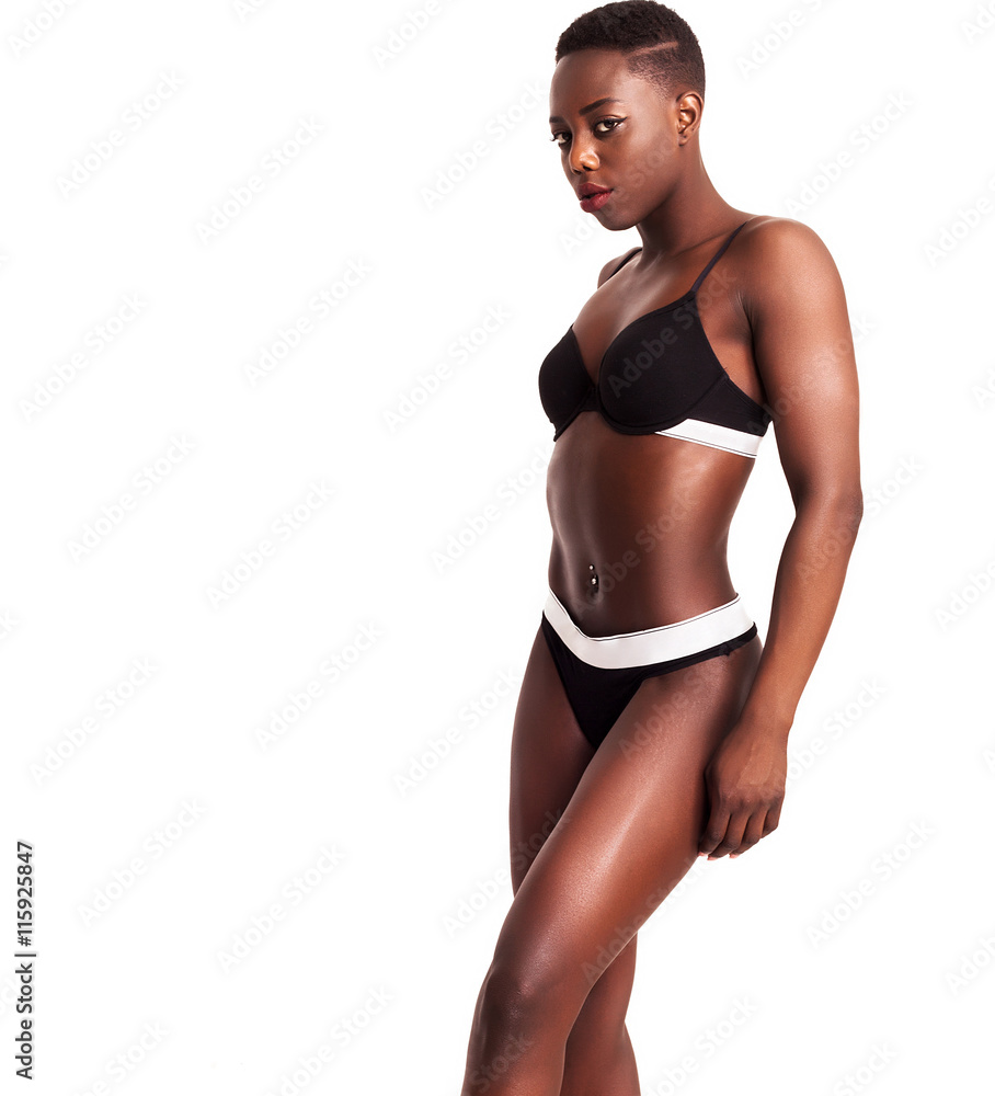 Gorgeous african model portrait posing while wearing sporty lingerie Stock  Photo