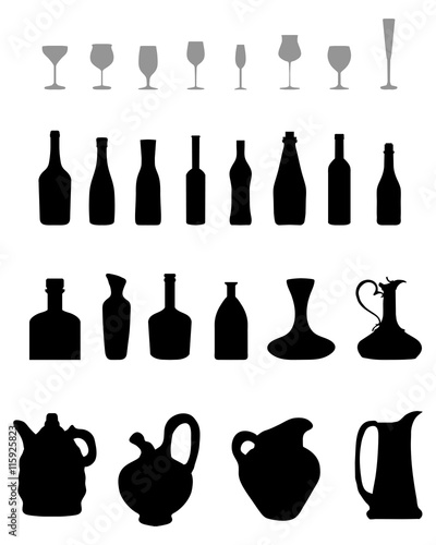 Black silhouettes of bowls  bottles and glasses  vector