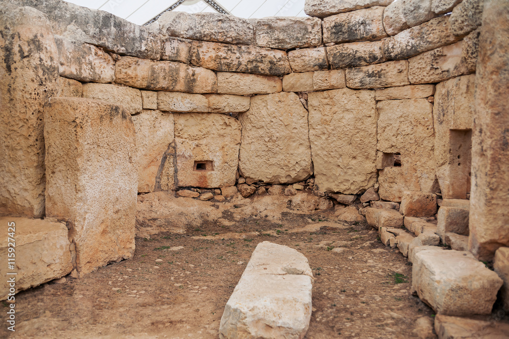 Mnajdra Temple within Hagar Qim megalithic complex. Qrendi, Malta. UNESCO World Heritage Site.