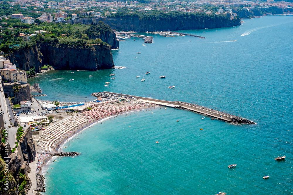 View of Sorrento, Italy. Beach and bathers