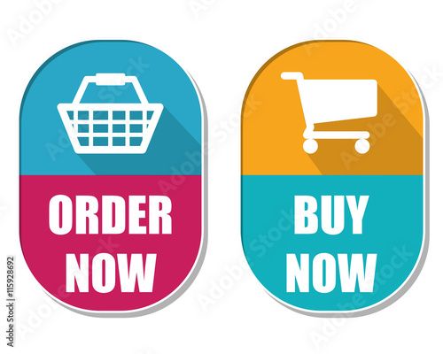 order now and buy now with shopping basket and cart signs, two e