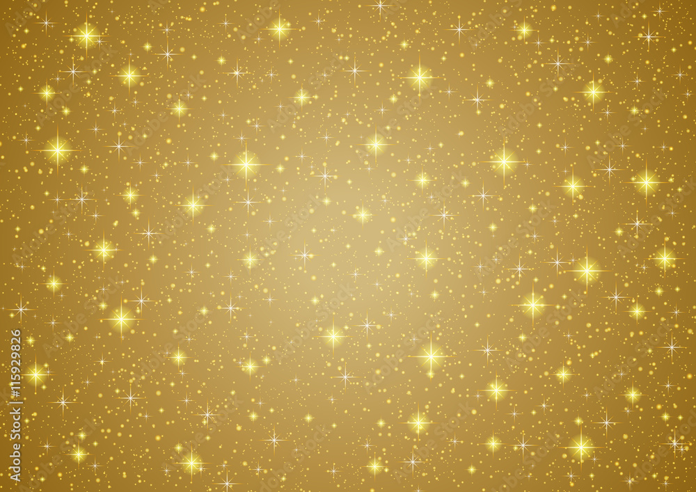 Sparkling twinkling Stars on abstract Gold background. Cosmic shiny