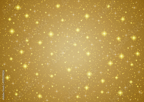 Sparkling twinkling Stars on abstract Gold background. Cosmic shiny galaxy (atmosphere). Holiday blank texture for Christmas (Xmas), Happy New Year , golden glow milky way elements (fantasy sky)
