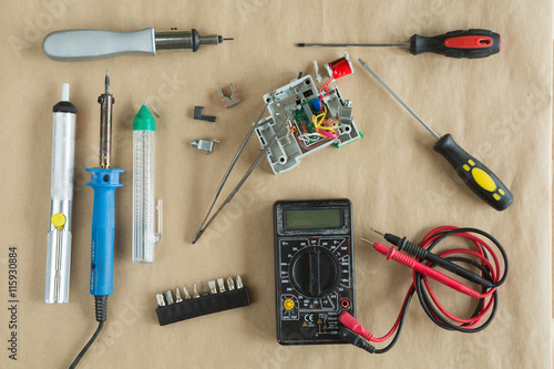 Flat lay of Tools for electrician Repair photo