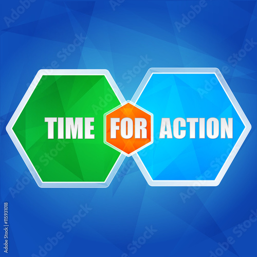 time for action in hexagons, flat design, vector