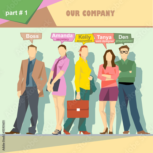 Business company roles situation infographics with boss, secretary, accountant, web designer and programmer. Digital vector image