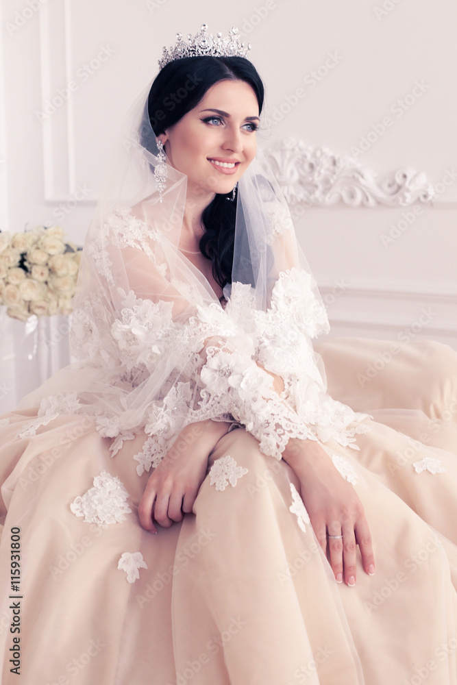fashion interior photo of gorgeous bride in luxurious wedding dress with accessories fashion interior photo of gorgeous bride in luxurious wedding dress with accessories