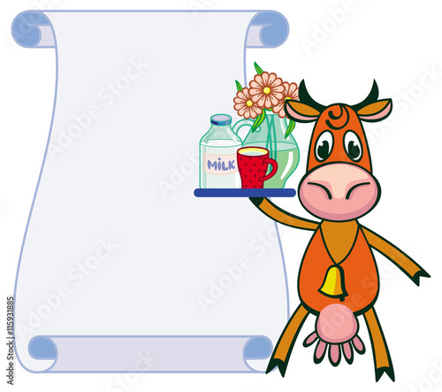 Paper scroll background with a funny cartoon cow. Vector clip art.