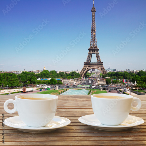 two cups of coffee in Paris with view of Eiffel Tower © neirfy
