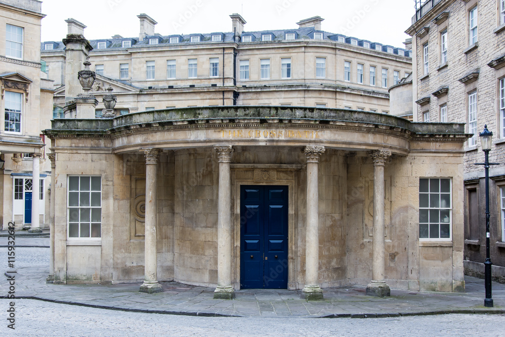 Blue doors of The Cross Bath Spa. Spa in the centre of the UNESCO World Heritage City of Bath, site of Roman baths and modern luxury spas