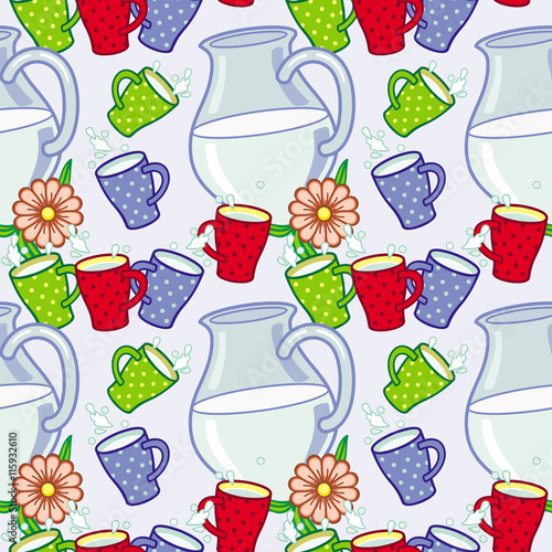 Seamless pattern with milk jugs. Vector clip art.