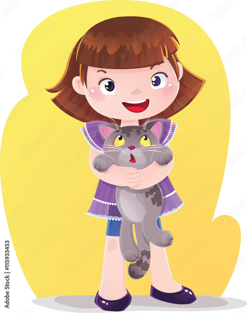 Cartoon Illustration of Girl with Kitten Pet Cartoon Illustration of Girl with Kitten Pet