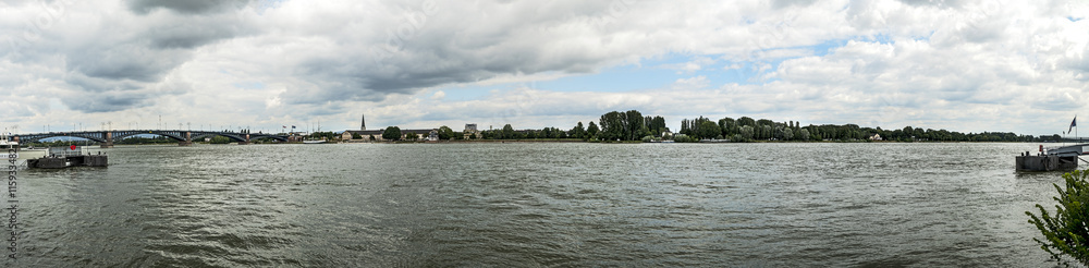 skyline of left rhine bank seen from Mainz with old bridge