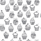 monochrome seamless pattern with cupcakes, cute background.