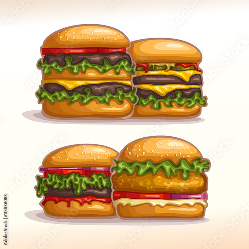 Vector logo set burgers for showcase display: hamburger, cheeseburger, chickenburger homemade. Bun sesame, beef grilled patty, leaf lettuce salad. Big Burger menu for american fast food cafe takeaway